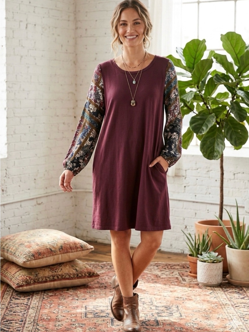 Casual Burgundy Long-Sleeve Dress with Patterned Sleeves and pockets PTP 22’